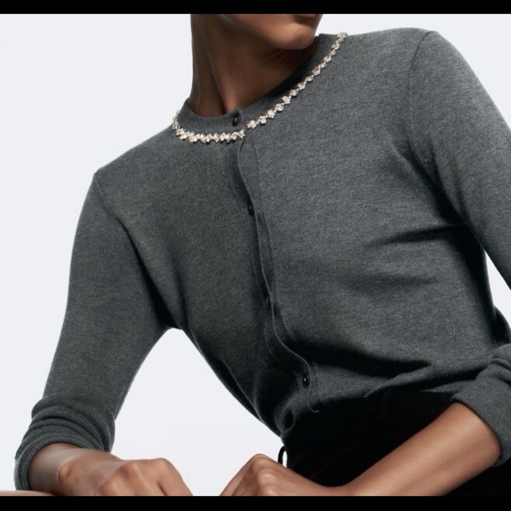 Zara Jewel Collar Gray Women's Sweater with Embellished Collar Size : Medui